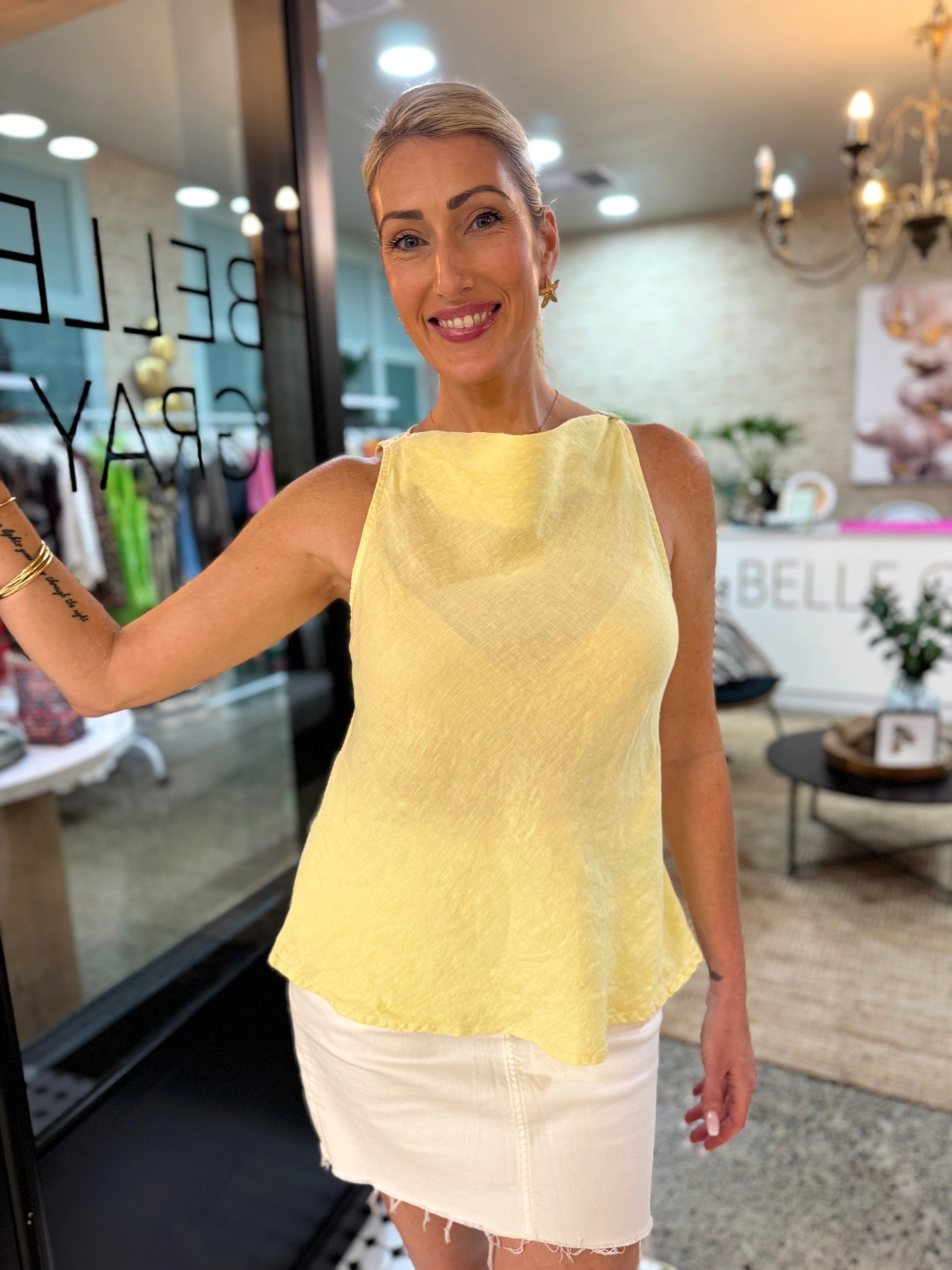 Sorbet Summer Linen Cowl Top - Yellow