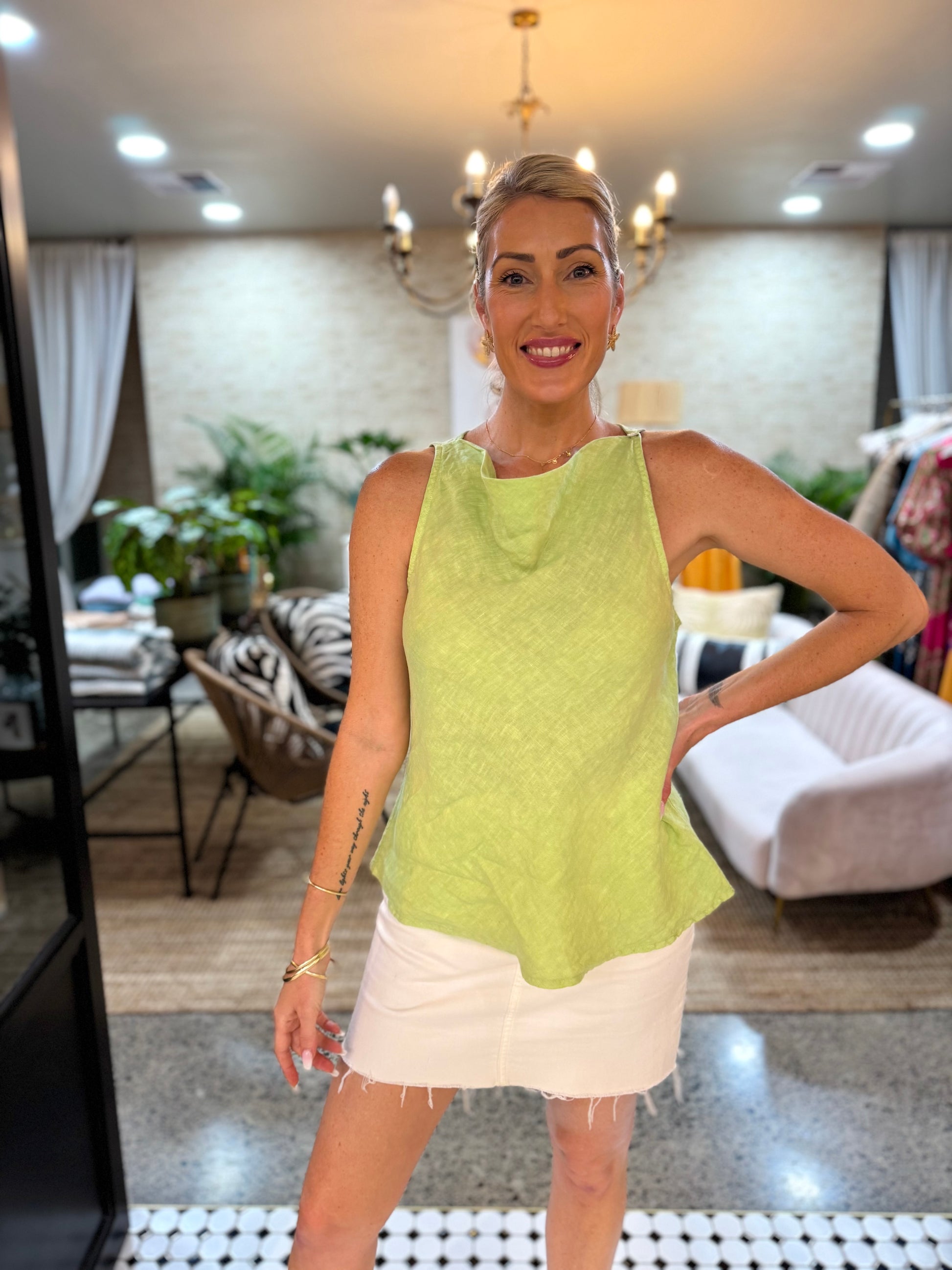 Sorbet Summer Linen Cowl Top - Lime