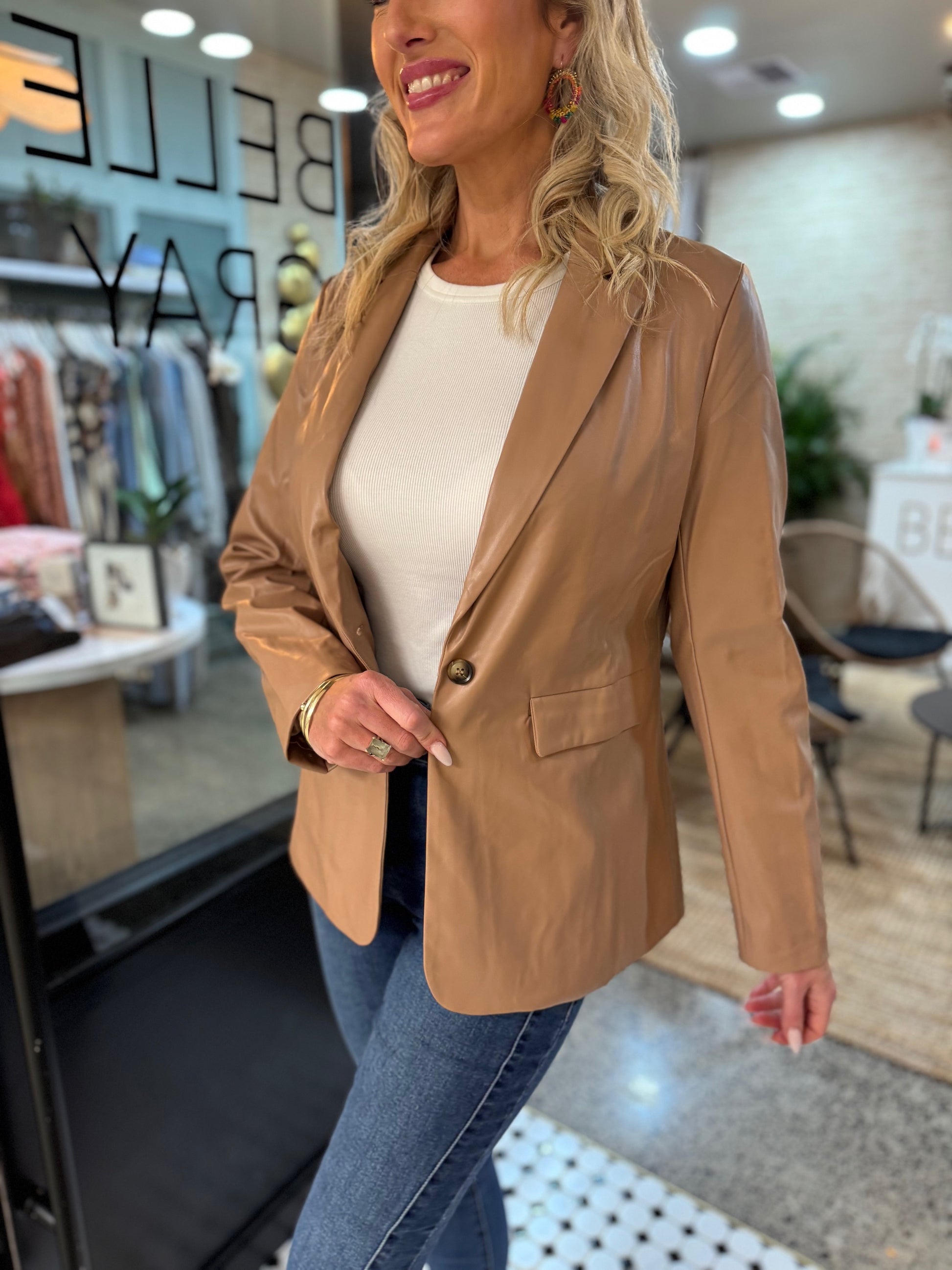 Uptown Leather Blazer - Latte