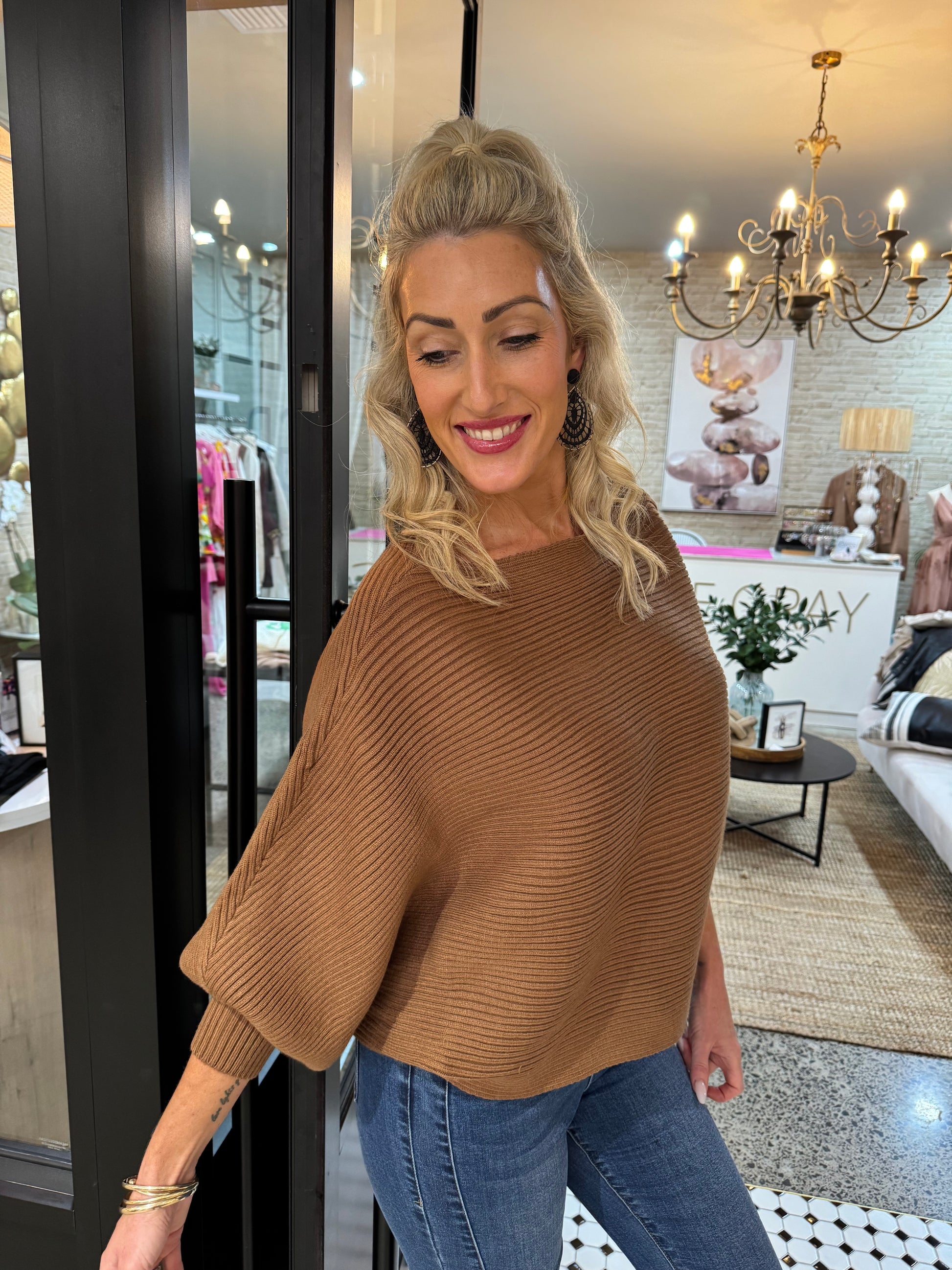 Love Crush Ribbed Boat neck Batwing Knit - Camel