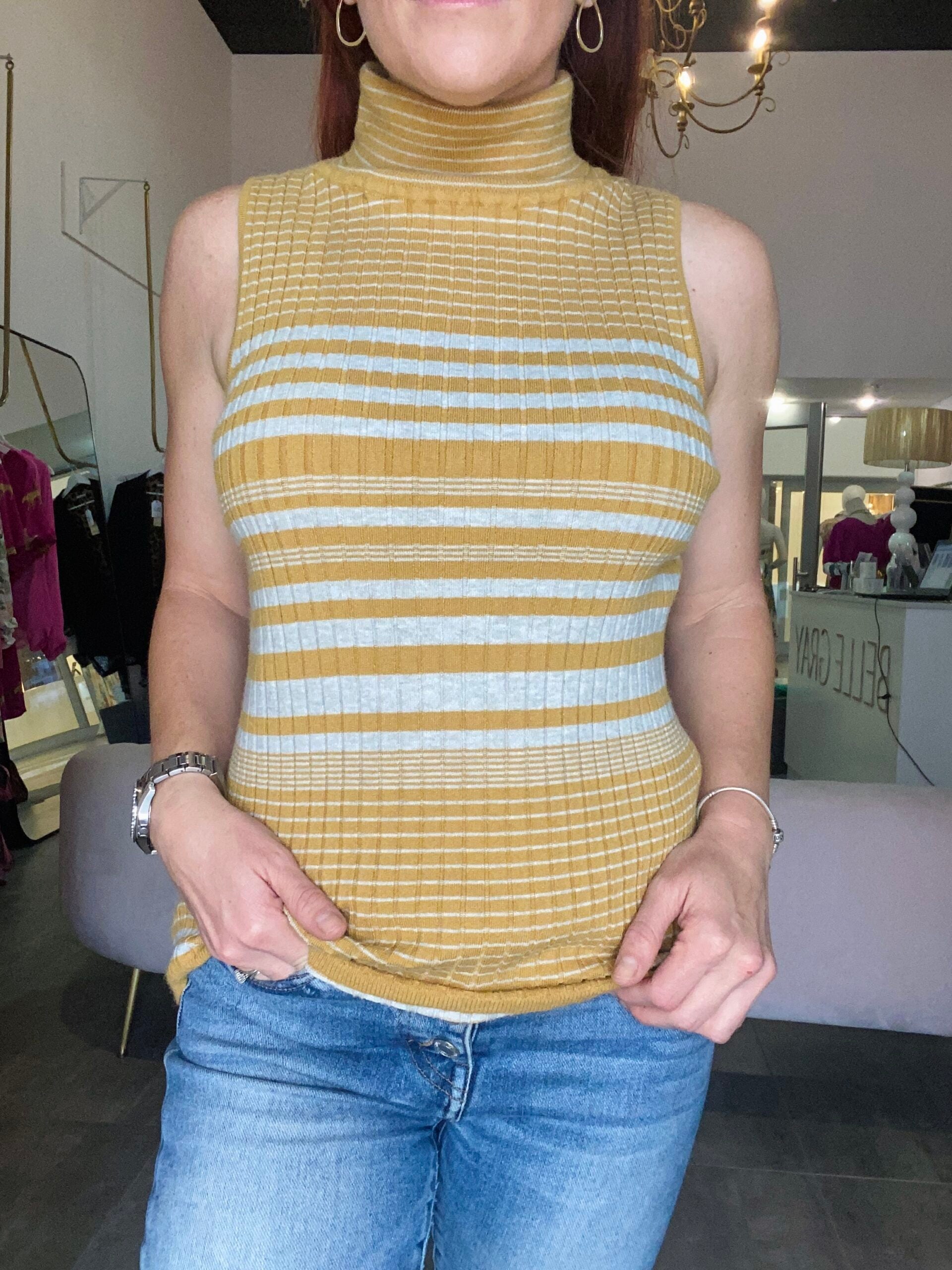 Striped Turtleneck Knit Top - Mustard