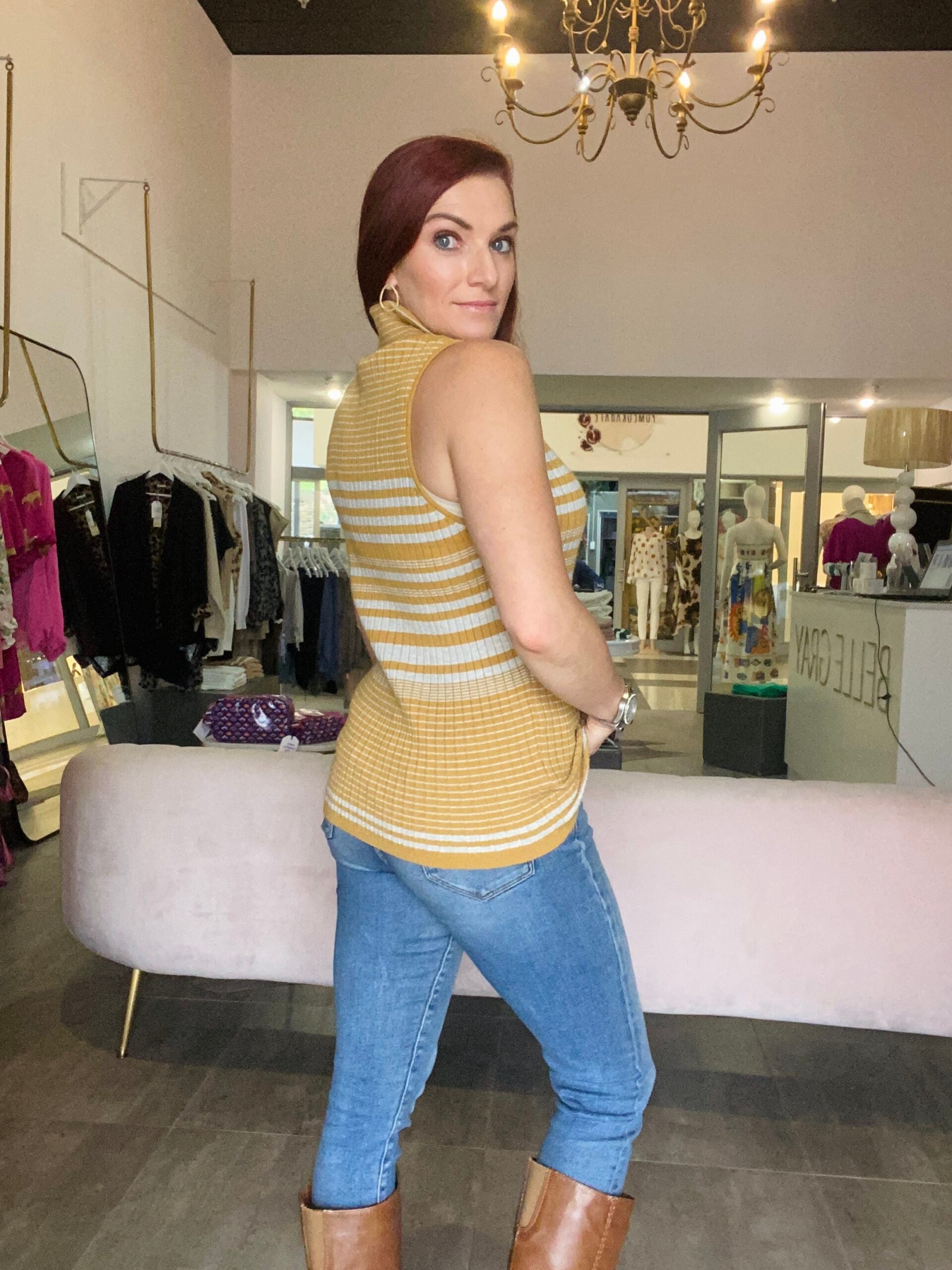 Striped Turtleneck Knit Top - Mustard