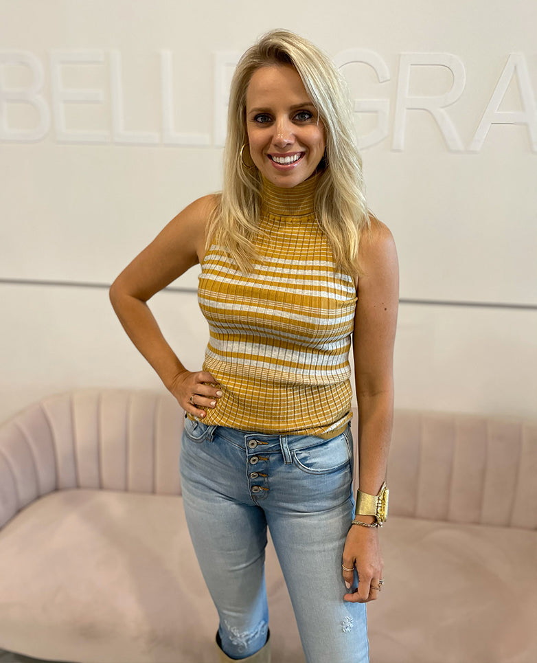 Striped Turtleneck Knit Top - Mustard