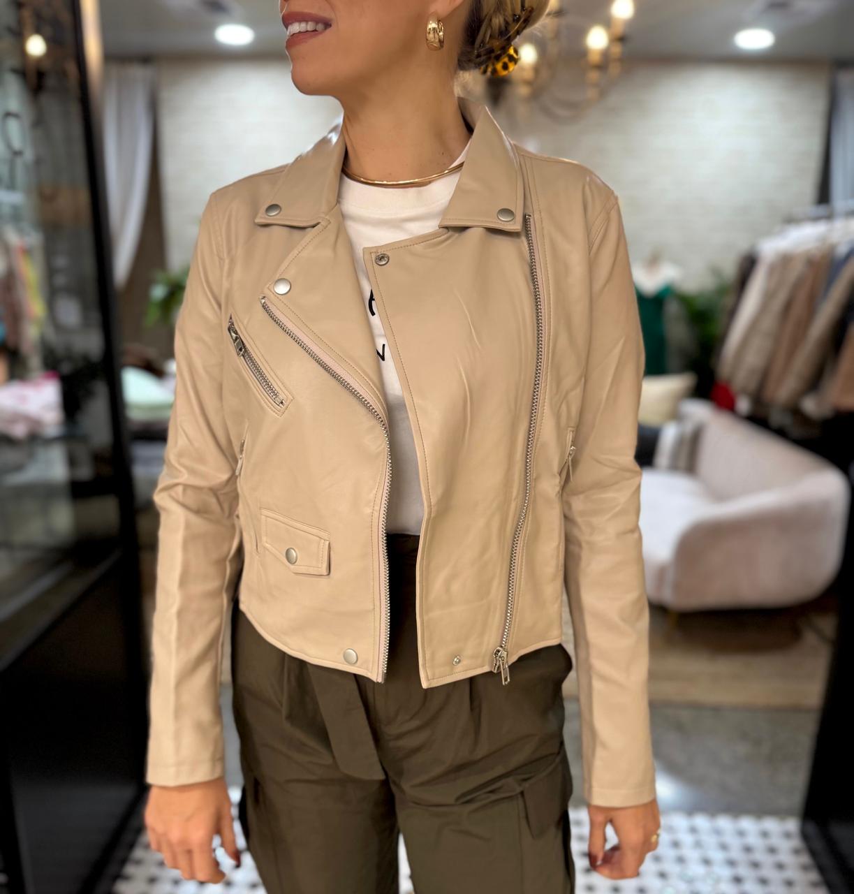 Latte Love Leather Biker Jacket