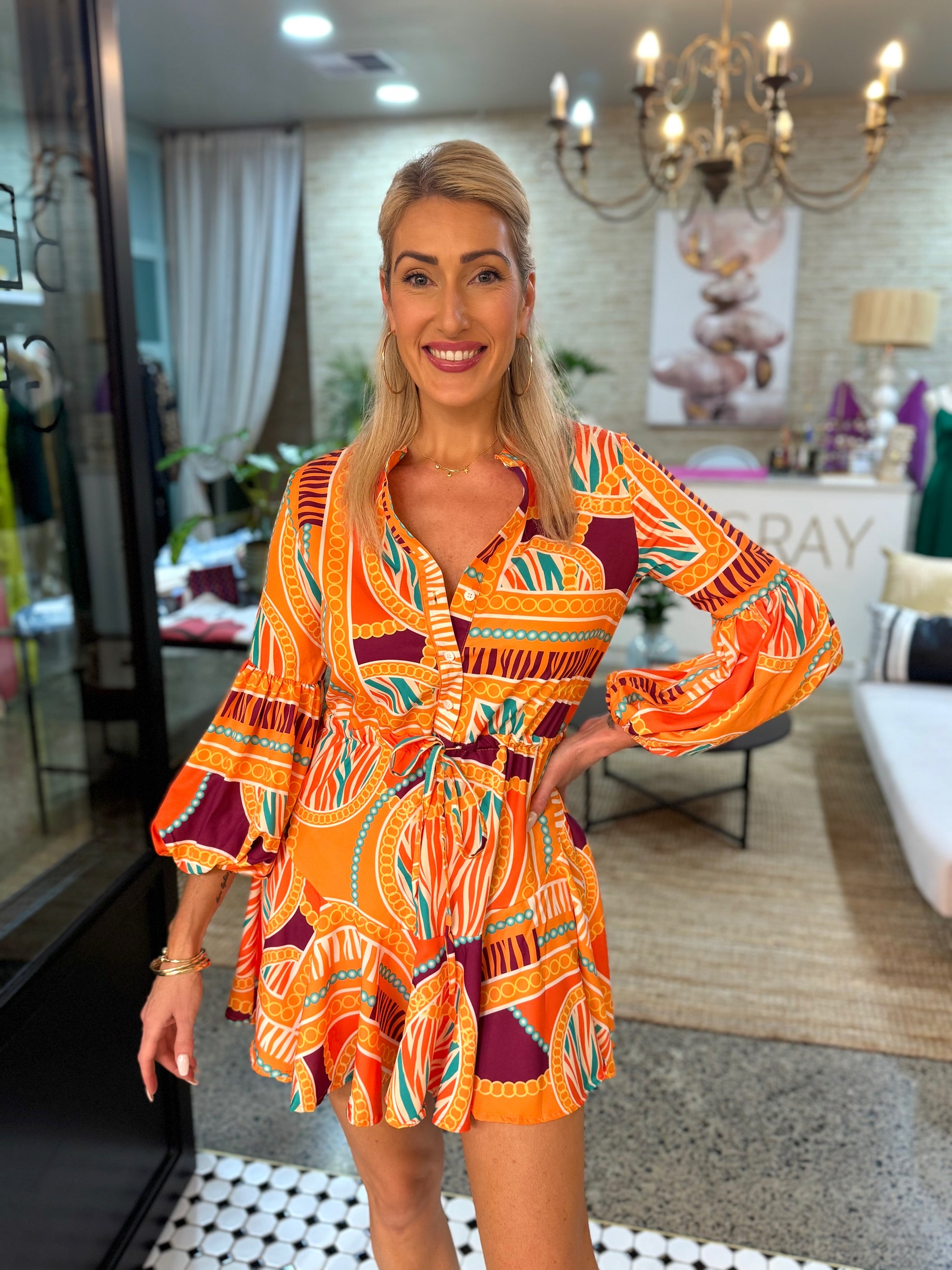 Tangerine Teal Balloon Sleeve Dress