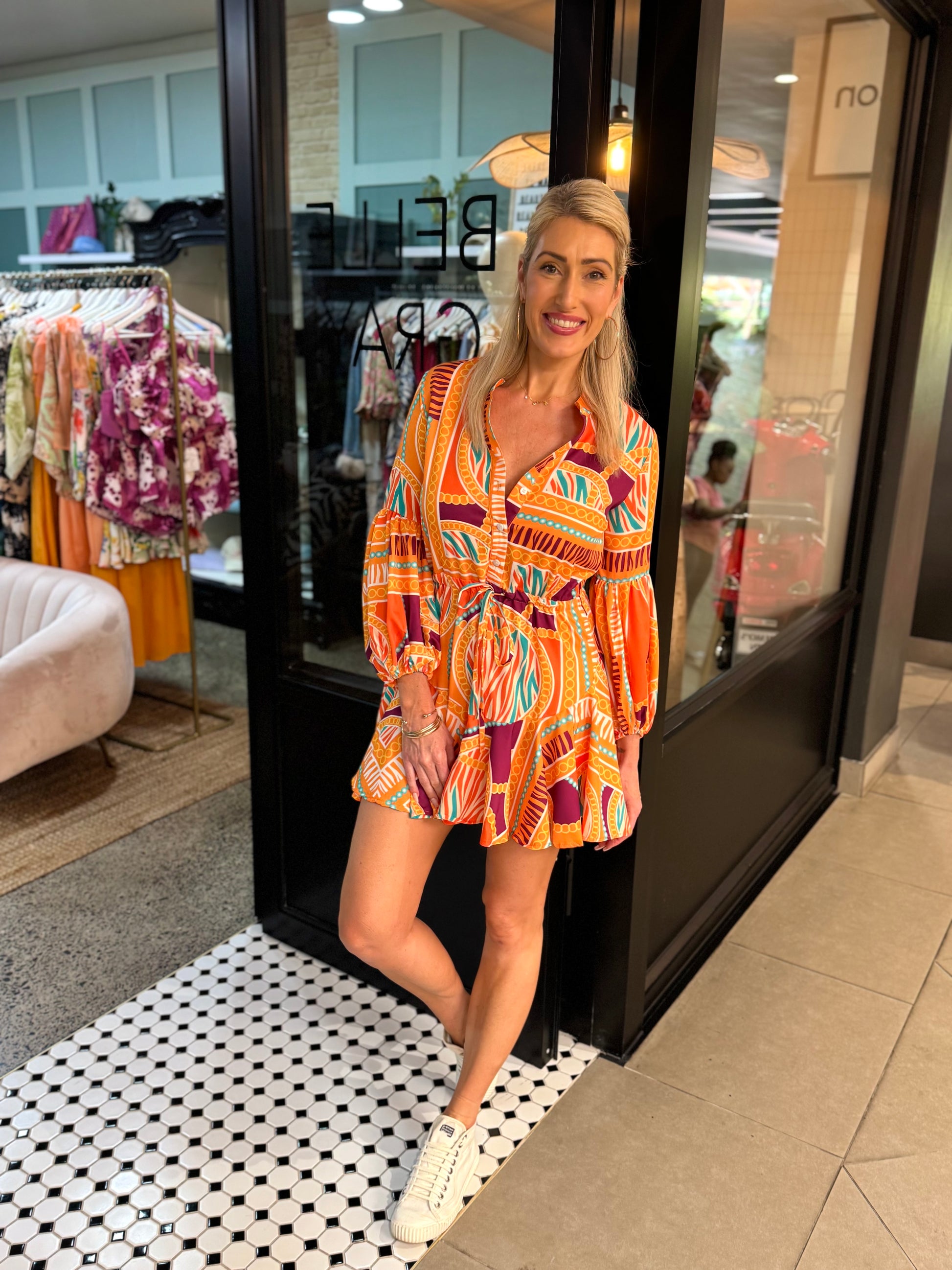 Tangerine Teal Balloon Sleeve Dress