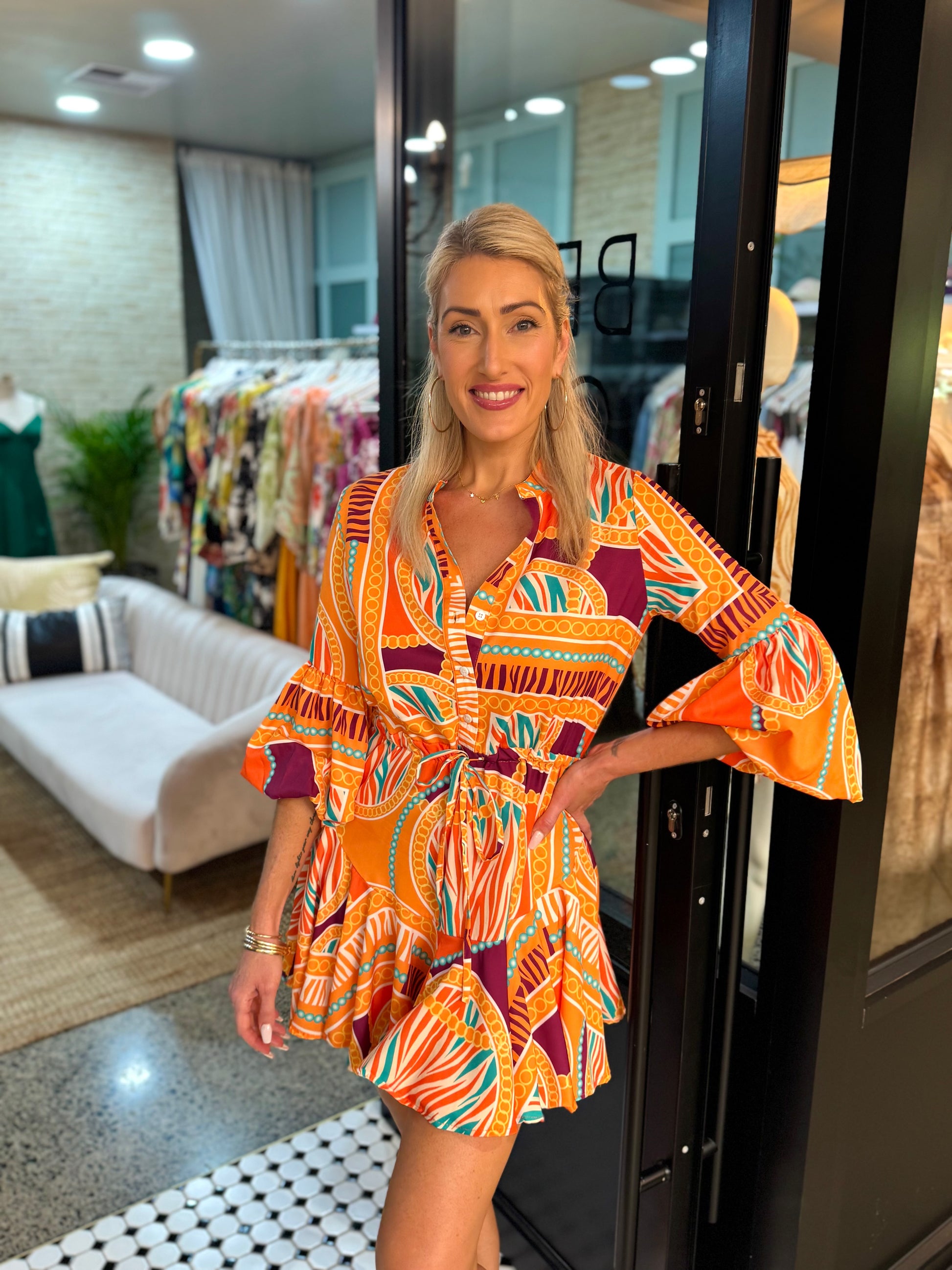 Tangerine Teal Balloon Sleeve Dress