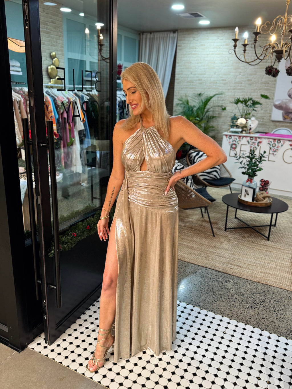 NEW! Champagne Kisses Metallic Maxi Dress