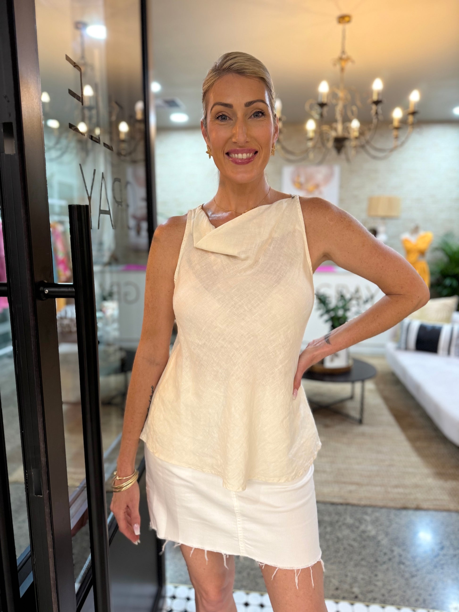 Sorbet Summer Linen Cowl Top - Coconut