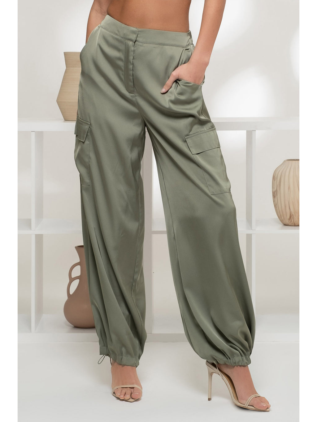 Luxe Style Satin Joggers - Olive