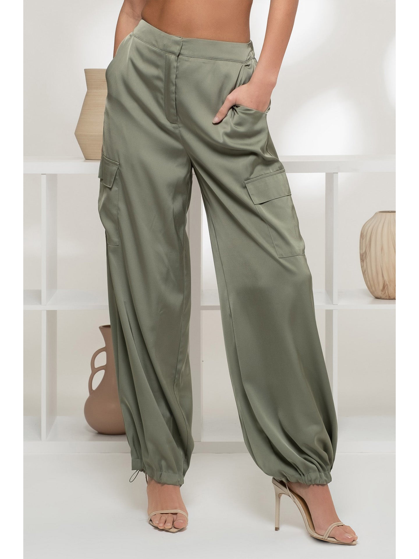Luxe Style Satin Joggers - Olive