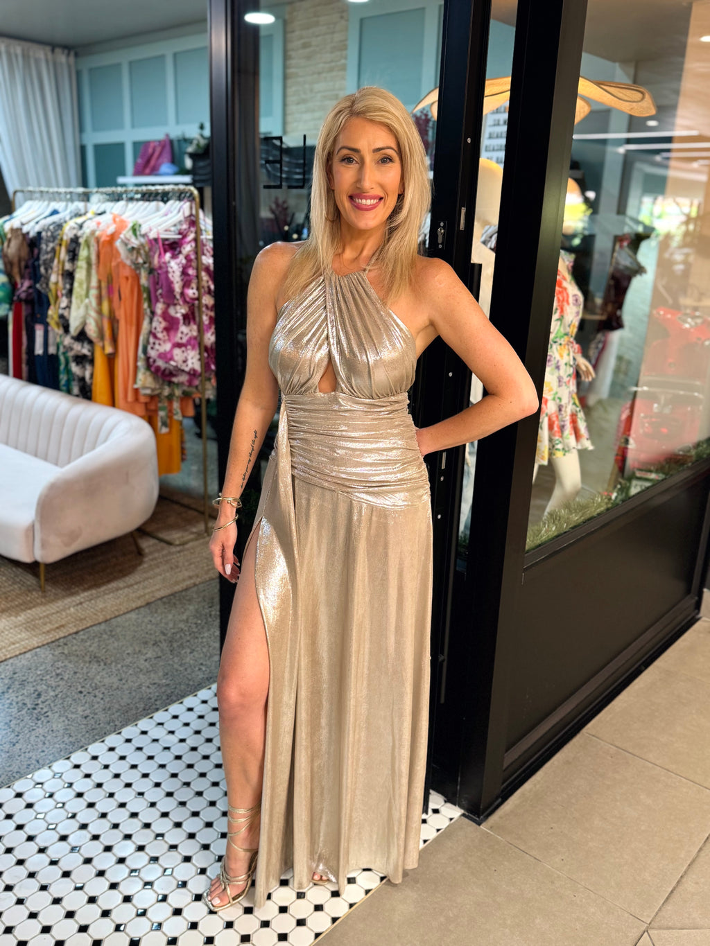 NEW! Champagne Kisses Metallic Maxi Dress