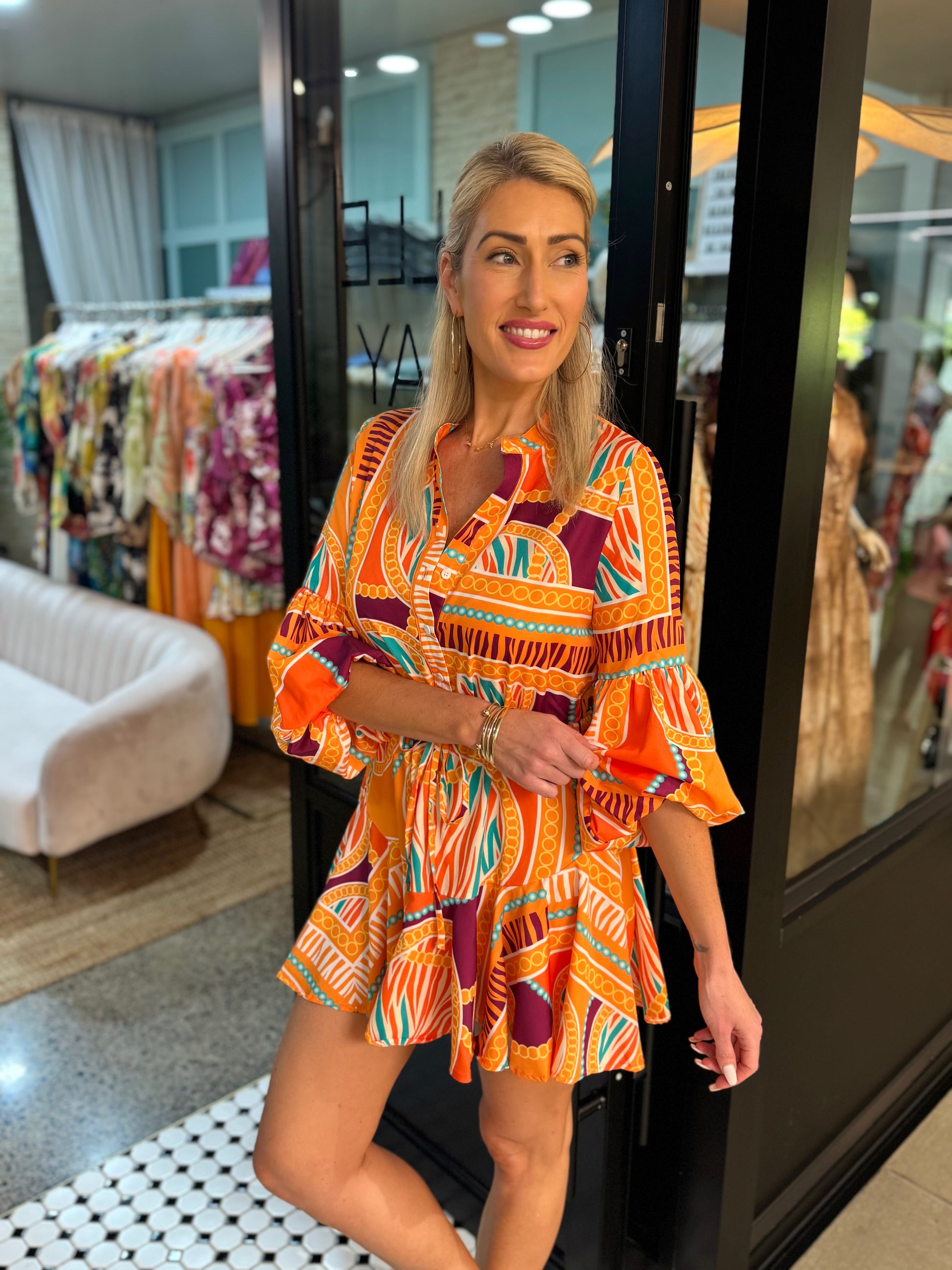 Tangerine Teal Balloon Sleeve Dress