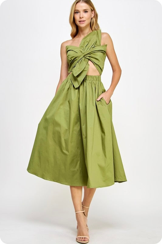 NEW! Statement Flower Bow Midi Dress in Olive