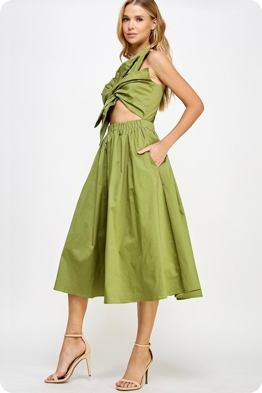 NEW! Statement Flower Bow Midi Dress in Olive
