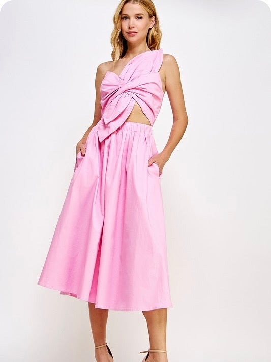 NEW! Statement Flower Bow Midi Dress in Perfect Pink