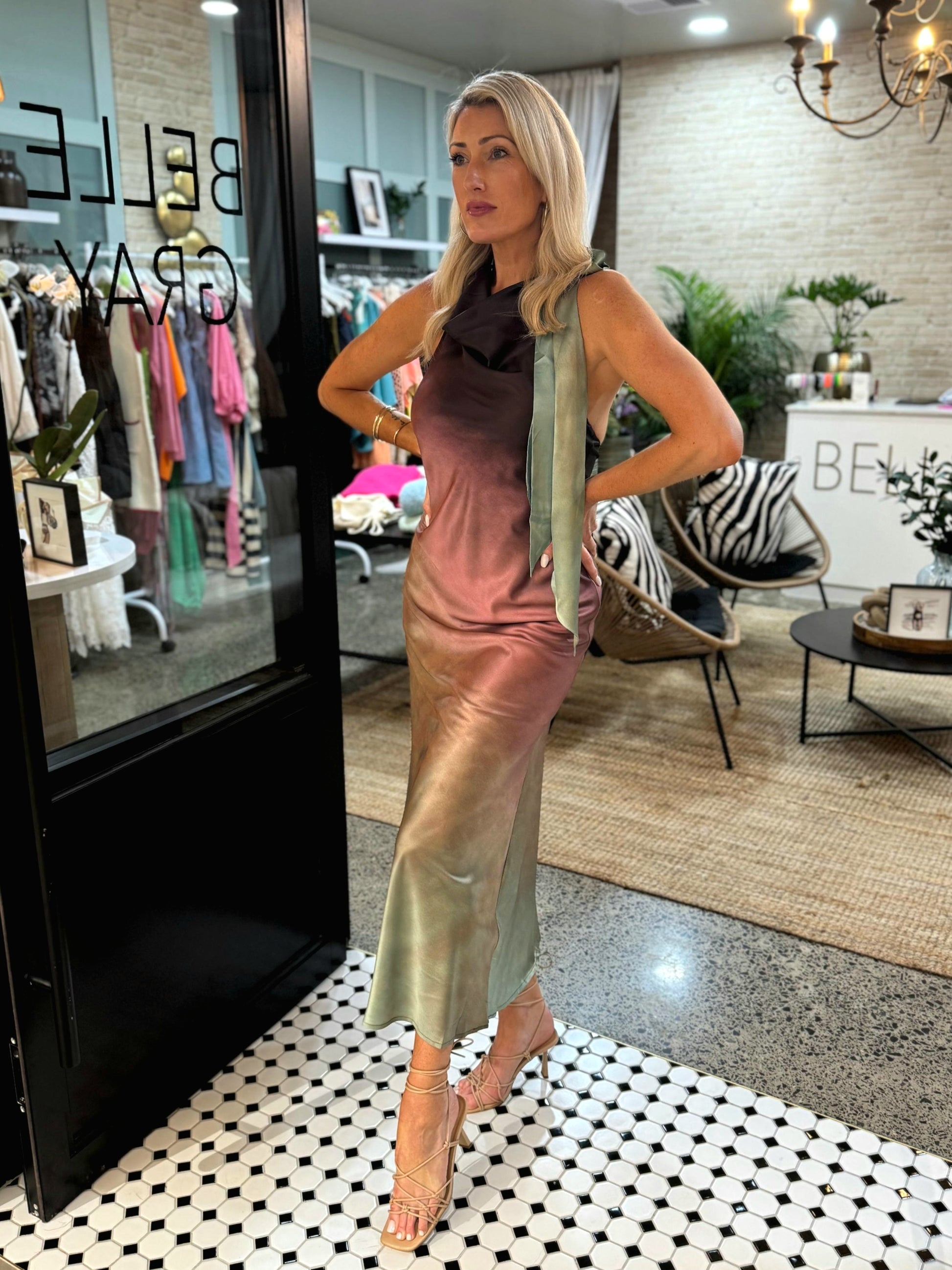 Radiant Gradient Cowls Neck Halter Gown