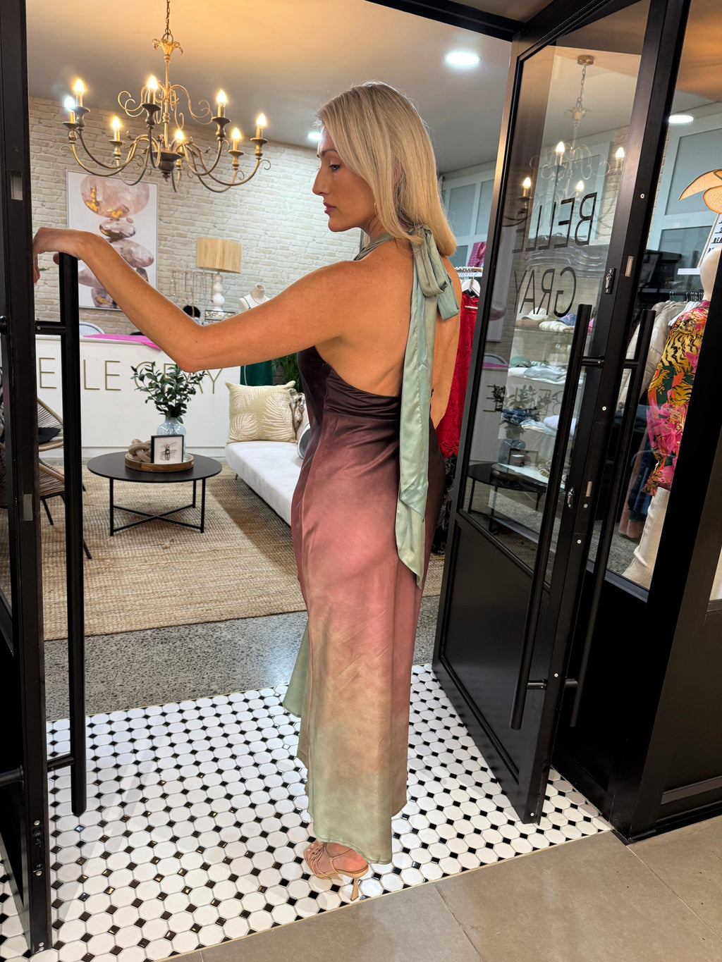 Radiant Gradient Cowls Neck Halter Gown