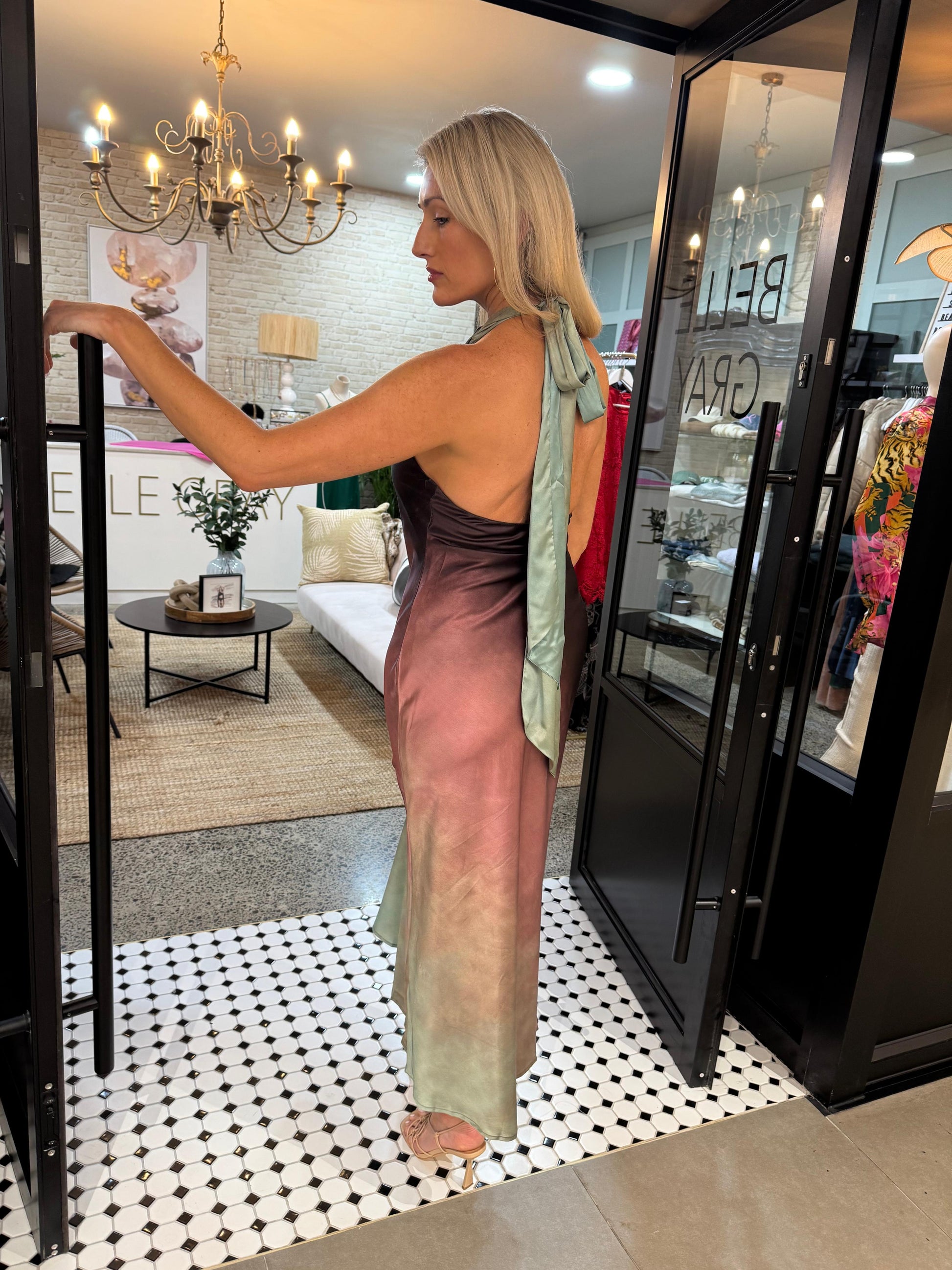 Radiant Gradient Cowls Neck Halter Gown