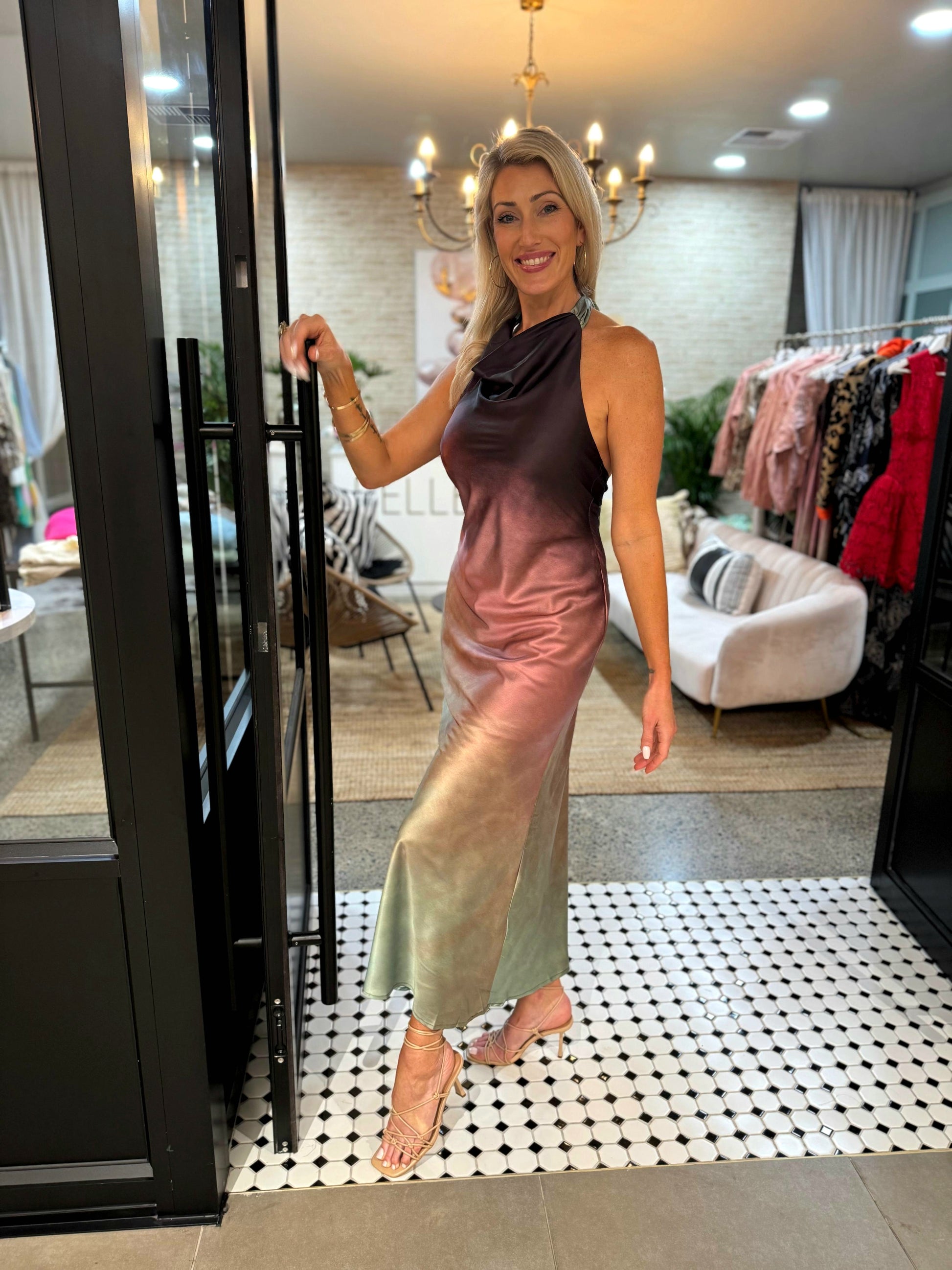 Radiant Gradient Cowls Neck Halter Gown