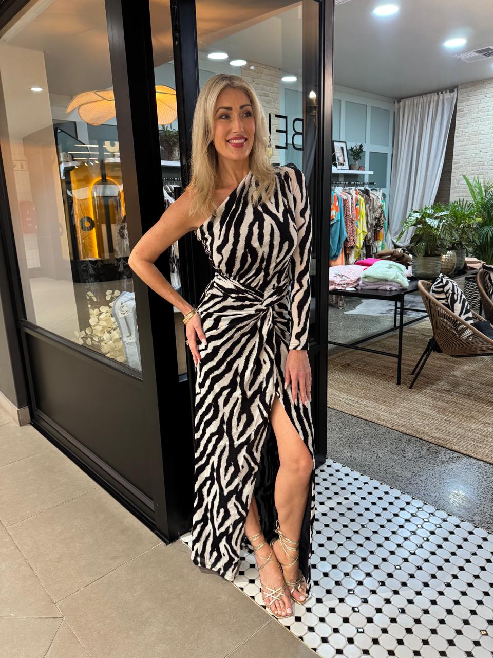 Zebra Hills Long Knit Twist Asymmetrical Dress