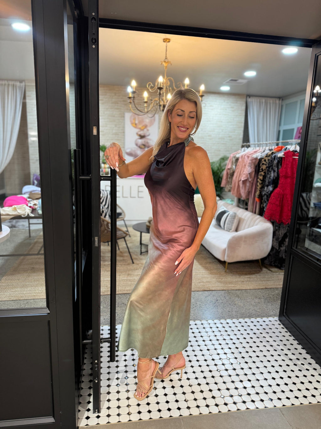 Radiant Gradient Cowls Neck Halter Gown