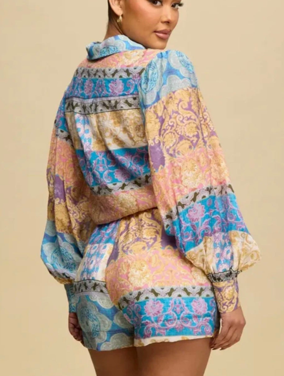 Gypsy Paisley Collared Shirt & Shorts Set